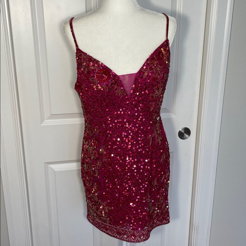Rachel Allen Mini Sequins Dress Size 14 Magenta Sleeveless Formal Bridal Beaded - Picture 5 of 14